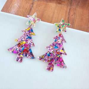 Pink Christmas Tree Earrings