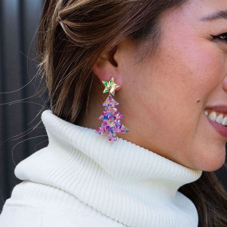 Pink Christmas Tree Earrings