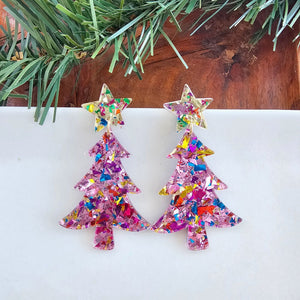 Pink Christmas Tree Earrings